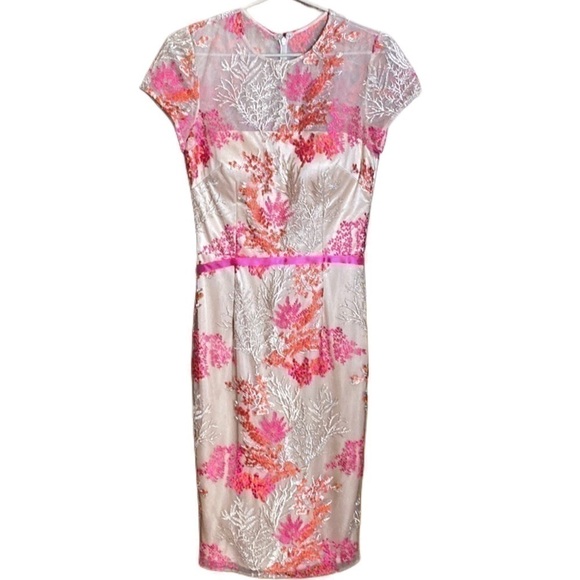 David Meister floral sheer pink Red Embroidered Midi Cocktail Sheath Dress 4 - Picture 2 of 10